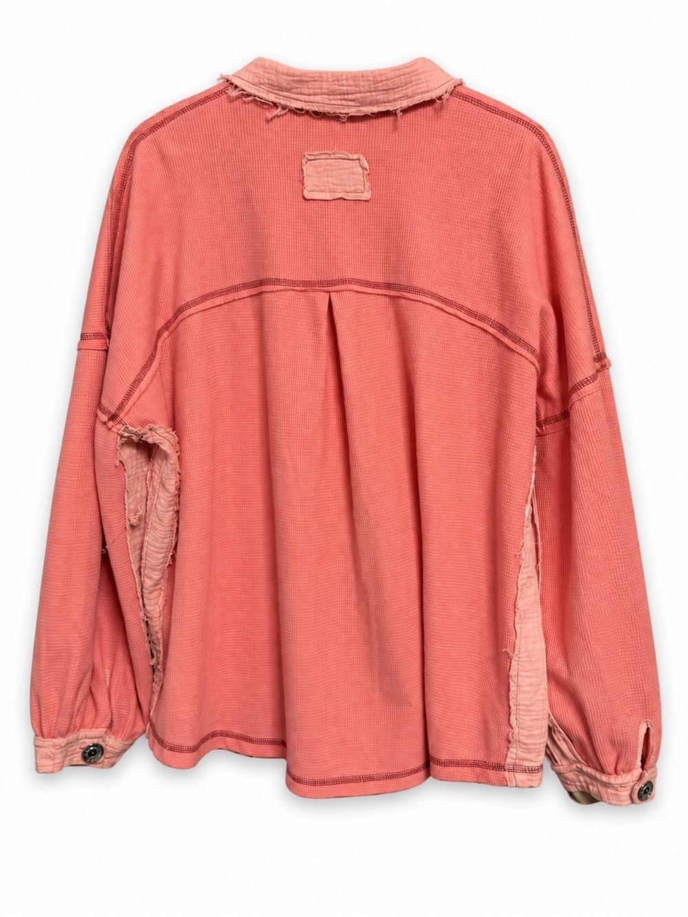 POL Coral Waffle Knit Oversized Button-Down Shacket Medium Boho Raw Edge - Picture 3 of 6